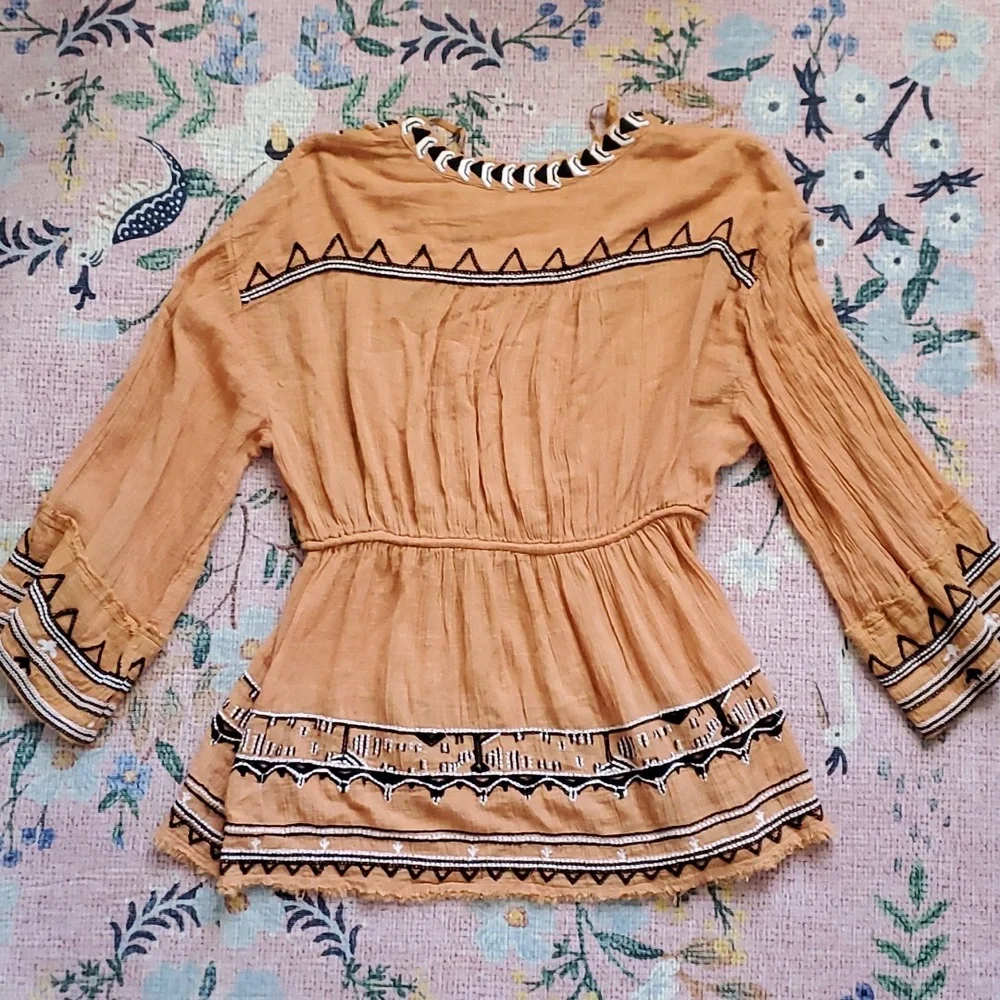 Free People Saffron Gauze Yerra Cotta Orange Embrpidered Boho Tunic Small - Picture 5 of 5